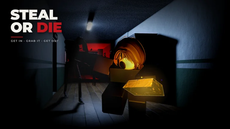 Official Steal Or Die artwork: a survivor carrying a gold bar through a corridor while a creature follows